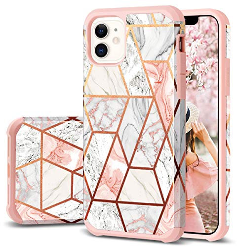 Casewind Compatible with iPhone 11 Case, iPhone 11 Case Marble 2 in 1 Hybrid Soft TPU & Hard PC Back Cover Shockproof Scratch Resistant Bumper Drop Protection Case for iPhone 11 6.1 inch, Rose Gold