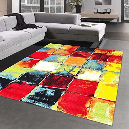 CARPETIA Moderner Designer Teppich mehrfarbige Quadrate orange grün Größe 160x230 cm