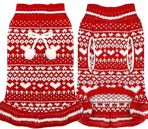 ABRRLO Hunde Pullover Kleid mit Leine Loch für kleine mittlere Hunde mit Fliege Büffelkaro Rot Rollkragen Polyester Haustier Welpe Katzen Pullover Strickwaren Rot,XL