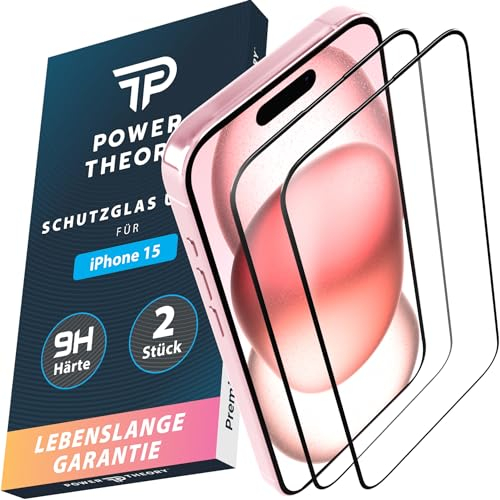 Power Theory Schutzglas für iPhone 15 Schutzfolie, Ultra-Glas Displayschutz Folie mit 9H Glas Bruchfestigkeit, Blasenfreie Anbringung & Schnelle Installation [2 Stück]