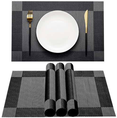 AHHFSMEI Tischsets für Esstisch 4er Set Gewebte Vinyl Kunststoff Platzsets rutschfest Wärmeisolierung Schmutzabweisend Tischmatten Abwaschbar Leicht zu reinigen Platzdeckchen (Schwarze Ecke 4)