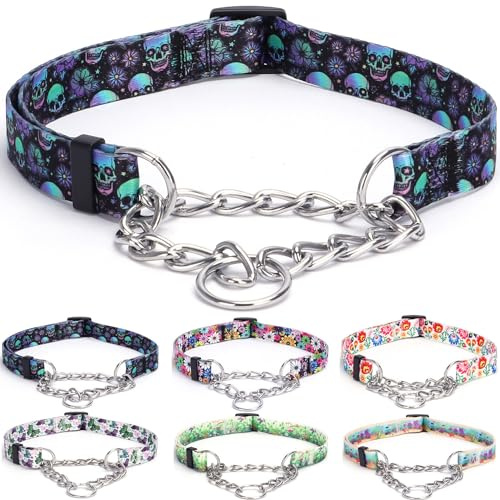 haoyueer Martingale Hundehalsband - Edelstahlkette, No Pull Erziehungshalsband mit Blumendesign für große mittelgroße kleine Hunde (L, Schädel)