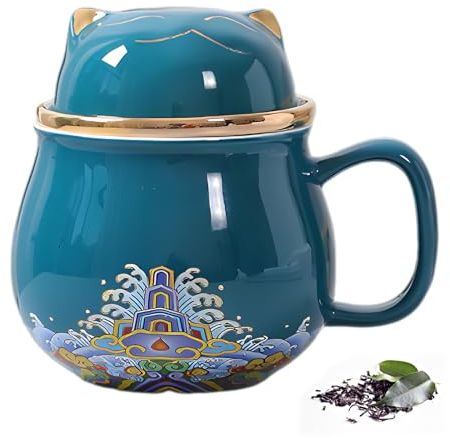 Dearart belle tasse à thé et couvercle filtre 300ml blanc porcelaine large bouche facile à nettoyer garder le thé chaud infusé feuilles mobiles sachet de thé café lait mignon chat vert