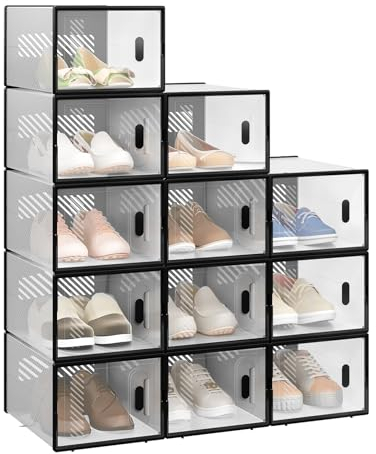 WOLTU 12X Cajas de Zapatos de Plástico, Cajas Transparentes Apilables y Plegables para Zapatos, Organizador Almacenaje con Tapa Frontal