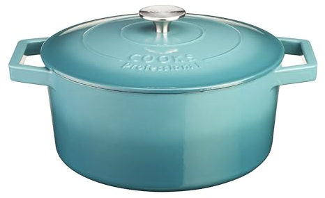 Cooks Professional 26cm Cast Iron Casserole Dish 5.8L with Lid & Handles | Colourful Modern Design Enamelled Cooking Pan Pot | Suitable For All Hobs Inc Induction | Oven & Grill Safe | Teal
