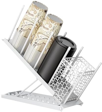 Soporte para tazas y tapa, organizador de tazas de café desechables, dispensador de tazas desechables de 4 compartimentos para estación de café, bar, encimera, sala de descanso, metal (Blanco)