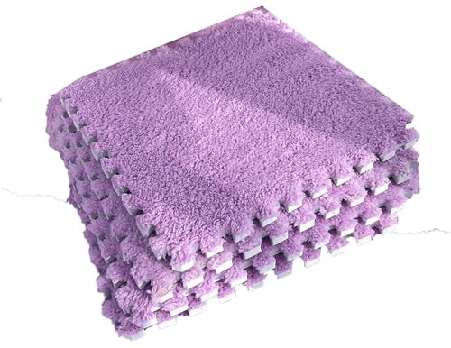 16 Stück 12x12 Zoll Ineinandergreifende Flauschige Teppichfliesen,Quadratische rutschfeste Schaumstoff-Spielbodenmatte,Weicher Waschbarer Plüsch-Puzzle-Teppich(Color:Lila)