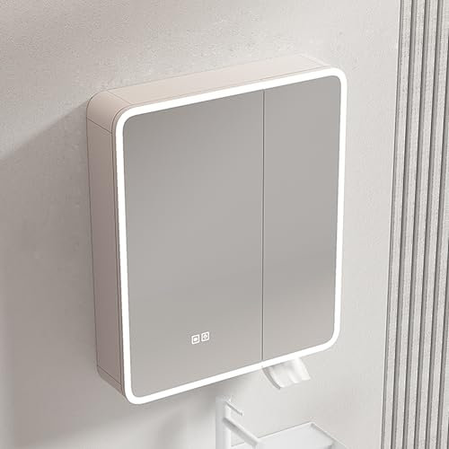 Generisch Badezimmerschrank,Medizinschrank mit beleuchtetem Spiegel, Badezimmerspiegel mit Stauraum, Badezimmer-Waschtisch aus Aluminium mit Antibeschlag, stufenlos dimmbarem Licht, Weiß 60 * 70 * 13