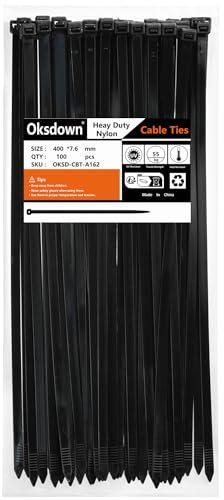 Oksdown 400mm × 7,6mm Breit 100 Stück Extra Stark Kabelbinder mit 55 kg Zugfestigkeit Schwarz UV-Beständig Groß Nylon Kunststoff Selbstsichernder Multifunktionaler