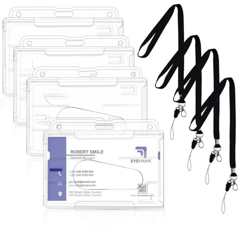 4 Stück Ausweishalter, Transparente Kartenhalter mit Schlüsselband, Hartplastik Ausweishülle mit Zwei Fächern für Busfahrkarte, Schülerausweis, ID-Karten (horizontal)