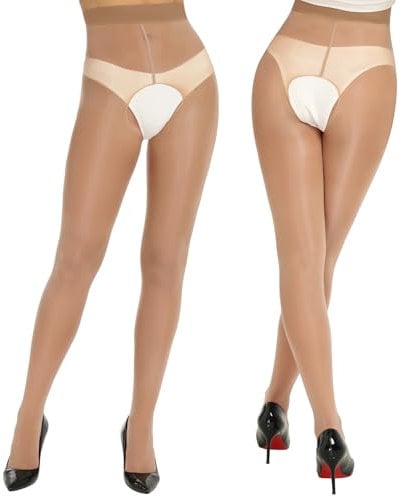 Yilanmy Glanz Strumpfhose Für Damen Glänzende Strumpfhose Offen Schritt Tanzstrumpfhose 2 Paar(Braun,L-XL)