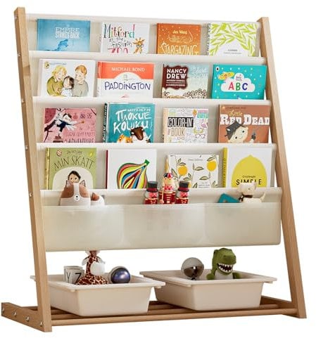 Taotigzu Kids Bookcase 4 Tier Children’s Bookshelf Kids Sling Storage Organizer,Metal Children's Bookcases Books Storage Rack with Pocket for Toddlers Bedroom Playroom