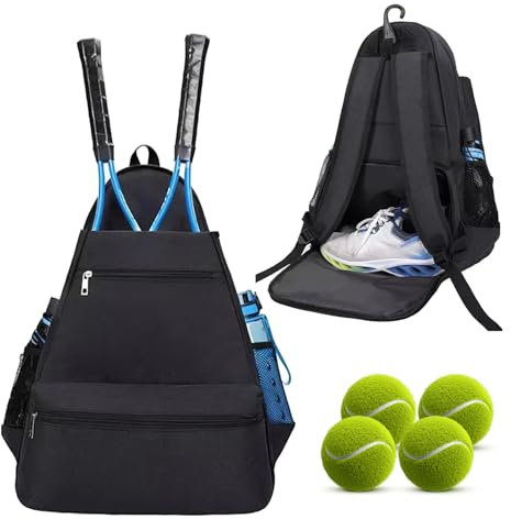 Tennistasche herren, Tennisrucksack mit Schuhfach, Groß badminton tasche Unisex, Hält Tennisschläger, Pickleballschläger, Badmintonschläger, Squashschläger, Bälle, Schuh und anderes Zubehör (Schwarz)