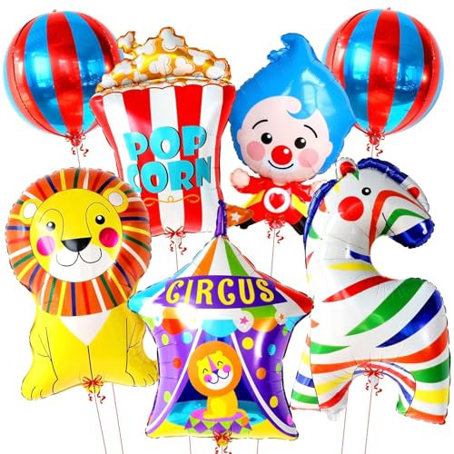 ALEGRE Zirkus Deko Tiere Folienballon,7 Stk Karneval Deko Ballon Set mit Löwe Zebra Clown Deko Luftballon,Zirkus Luftballons Karneval Dekoration,Zirkus Helium Ballon für Geburtstag Clown Themen Party