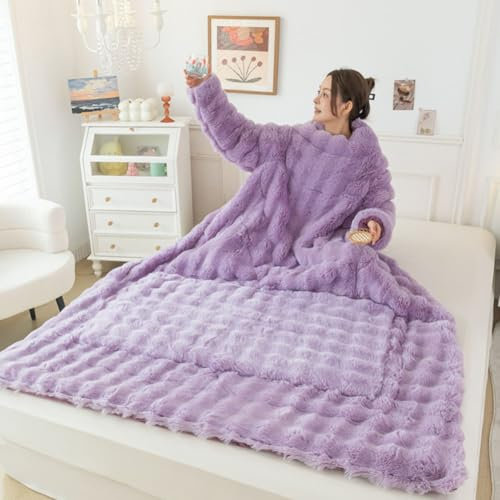 JHRFU with Sleeves Thickened Warm Wearable Quilt Rabbit Plush Pillow Sofa Full Body Blanket Soft Quilt Suitable for Family Winter Comfortable Blanket 150 * 200Cm,Purple