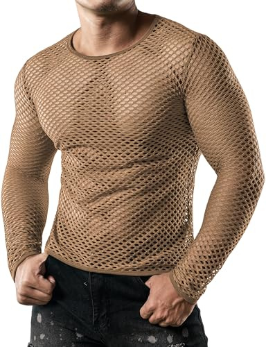 JOGAL Mens Fishnet Mesh Long Sleeve Shirt Fitted Muscle Top Large Brown