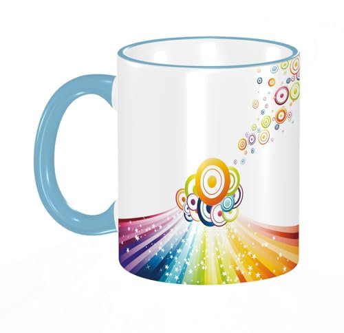 YOIUE Funny Coffee Mug - 11Oz Cups 330ml - Colored Mug Cup - Gift for Birthday,Work,Office,Vintage Rainbow, Colorful Stripes Wave and Bullseye Circles Pattern with Stars,White Printed Coffee Cupgift