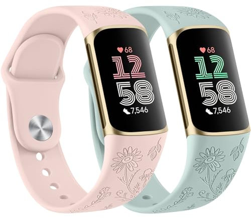Vancle 2 PACK Armbands für Fitbit Charge 6 Armband/Fitbit Charge 5 Armband für Damen Herren, Silikon Silicone Armbänder, Blumen Gravierte Uhrenarmband Verstellbares Sport Ersatzarmband