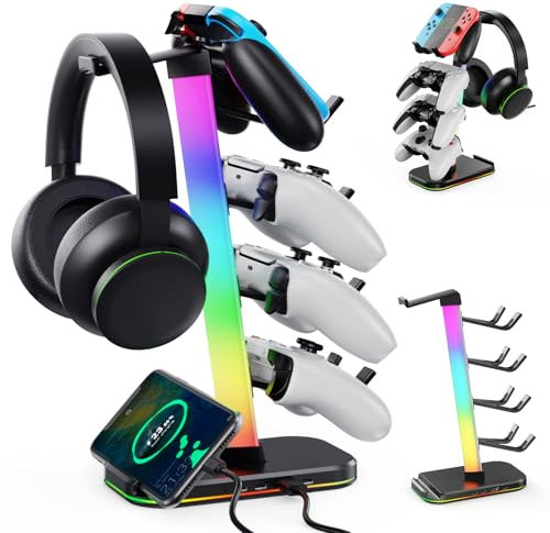 Gaming Headphones Stand with Charging Station, RGB Headset Stand with 10 Light Modes, 4 Controller Holder with 1 USB & 2 Type-C Charging Ports - Earphone Hook for PC Desktop Gamer Accessories Storage