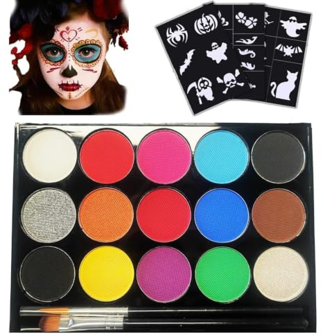 Face Paint Kit, 15 Colours Face and Body Painting Palette, Washable Face Paints,Safe Body Paints for Adults, Halloween Party Carnival, Makeup Paint Non-Toxic (2 Brushes 22 Stencils)