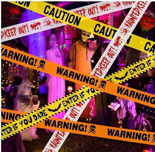 4 Stück Halloween Deko Outdoor Absperrband Dekorationen,40M Halloween Absperrband Horror Warnbänder Zombie Warnband für Garten Deko,Warnband Gefahren für Garten Zombie Party