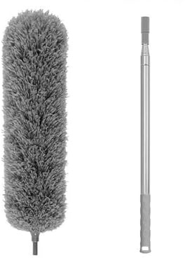 Feather Duster Extendable – 2.5m Telescopic Stainless Steel Pole, Grey Bendable Microfibre Head, Long Handle, Washable Duster Brush for Cleaning High Ceilings, Cobwebs, Fans, Radiators & Blinds