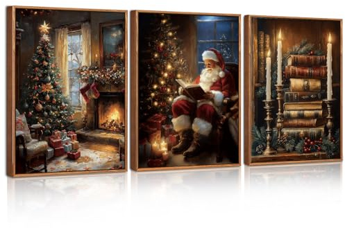 ANHUIB Weihnachten Premium Poster Set Vintage Weihnachtsmann Wandkunst Weihnachtsbaum Wandbilder Kunstdrucke Bilder Wohnzimmer Schlafzimmer Weihnachtsbilder mit Rahmen Weihnachtsdekoration 30x40cm