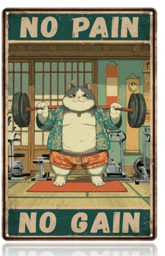 WADORN Metall Blechschild 'Cat Gym' Im Vintage Stil, 20x30cm Retro Wandschild Mit Aufschrift 'No Pain No Gain' Cat Lustiges Motivierendes Metall Geschenkschild Für Zuhause Trainingsraum Sportraum