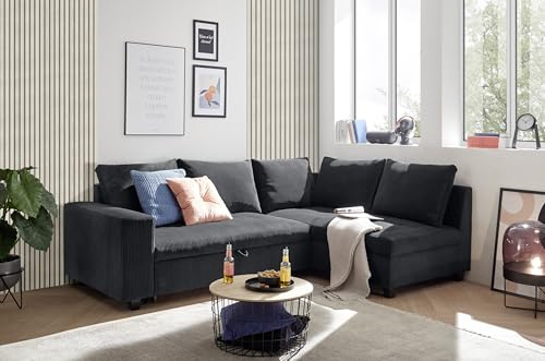 Ecksofa L-Form aus Cordstoff mit Schlaffunktion, schwarz (Black) – Liegefläche 147 × 207 cm, Breite 243 cm, Sitzhöhe 45 cm, Modell MIRA