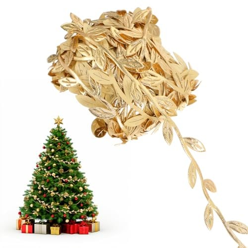 DOPENSPI 40M Blätter Streifen Geschenkband, Gold Geschenk Luftschlangen Künstliche Pflanzen Bänder Künstliche Reben mit Blatt Goldene Hochzeit Deko für DIY Handwerk Hochzeit Party Dekoration