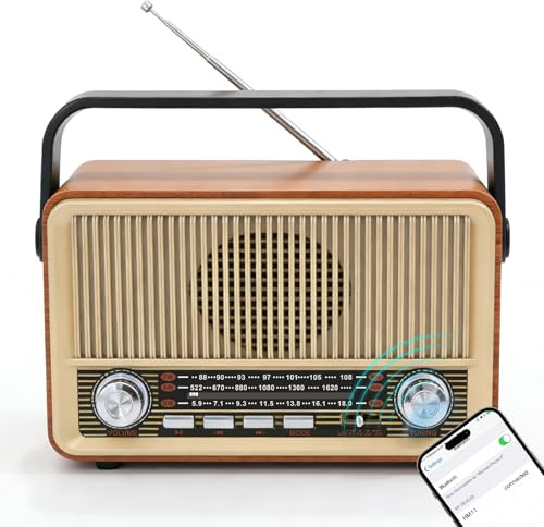 Retro Radio mit Bluetooth, Kofferradio Batteriebetrieben oder mit Stromkabel, Nostalgie Küchenradio mit 1000mAh Akku, USB/TF/AUX Unterstützung, Tragbares Radio Retro für Zuhause und Senioren