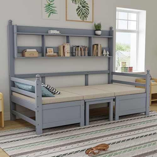 BXEYXE Multifunktionales Massivholz Schlafsofa 200x90 cm, 2-in-1 Bett und Schreibtisch, Frei Umbaubar, Mit Bücherregal Zur Aufbewahrung, Mit Bequemen Kissen, Gästebett Einzelholzbett, Grau