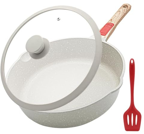 Aluminum Nonstick Frying Pan 28cm with Lid, Non Stick Skillet-White | with Removable Handle, Deep Saute Pan for All Hobs, Oven Safe