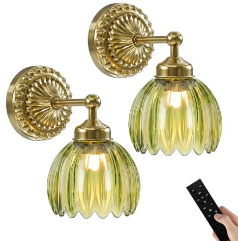 Vintage Battery Rechargeable Wall Lights Set of 2, Green Tulip Glass Shade | No-Electrician, 5mm-Thick Tulip Glass Shade, 5200mAh Battery, Stepless Dimming, Remote Control, Timer, USB-C Charging, Indoor