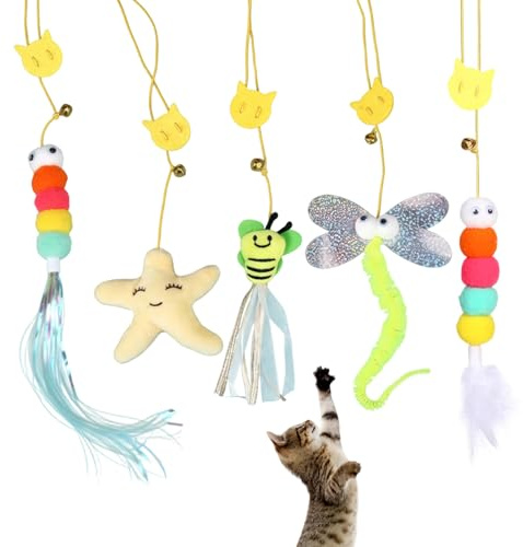 Yupaluz 5 Pcs Self-Play Cat Door Toy With Bell And Feathers Teaser,Five Styles Cat Toys For Indoor Cats,Door Hanging Cat Toys Catnip Design For Hunting Exercising Eliminating Boredom