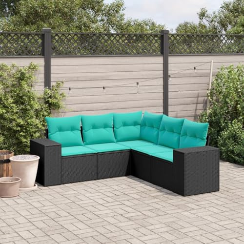 QUAHEAS 5-teiliges Gartensofa-Set, schwarzes Polyrattan, UV-beständig, mit blauen Kissen, modulares Outdoor-Möbelset für Terrasse und Garten