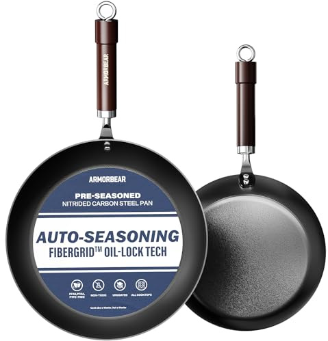 Armorbear 2-Piece Auto-Seasoning Nitrided Carbon Steel Pan Set, 25cm & 30cm | Pre-Seasoned, PFAS/PFOA-Free, Uncoated, Wood Handle, Induction-Ready Skillet for Steaks & Family Meals