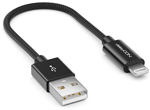 deleyCON 0.15m (5.91 Inch) Lightning 8 Pin USB Charging Cable Apple MFI for iPhone 12 Pro Max 12 Pro 12 Mini 11 Pro 11 Pro Max 11 SE 2. Gen. XR XS Max XS X Metal Plugs & Nylon Cable - Black