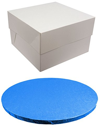 Round Coloured Drum Cake Board and White Transporting Box (10 Inch, Dark Blue)
