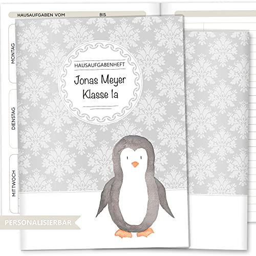 Olgs Hausaufgabenheft Hülle Black & White inkl. Heft Schulheft Schutzhülle Umschlag Geschenkidee Einschulung personalisierbar mit Namen und die Schulklasse (personalisiert, Pinguin)