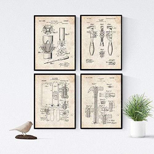 Nacnic Werkzeug Patent Poster 4er-Set. Vintage Stil Wanddekoration Abbildung von Hammer und Alte Erfindungen. Verschiedene technische Werkstatt Bilder ohne Rahmen. Größe A4.