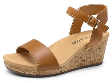 DREAM PAIRS Women's Open Toe Buckle Ankle Strap Platform Wedge Sandals for Women Summer Dressy Shoes,Size 8,Camel/Pu,NINI-8
