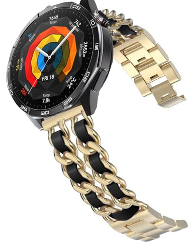 DEALELE Armband Kompatibel mit Samsung Galaxy Watch 46mm / 3 45mm, 22mm Metall mit Leder Kette Armbänder für Huawei Watch GT6 / GT5 / 4/3 / Pro / GT4 / GT3 / GT2 46mm Herren Damen, Gold-schwarz