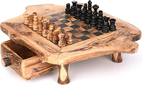 CRAFLAIR ~ INTELLIGENTE ~ Scacchi in legno di alta qualità con cassetto ~ Scacchiera in legno d'ulivo realizzato a mano ~ con scacchi ~ Scacchi in legno ~ Giochi Adulti ~ Piccolo (33 cm)
