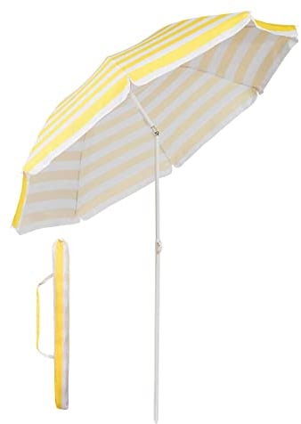 Sekey® Parasol Ø 160 cm inclinable pour Patio Jardin Balcon Piscine Plage Rond Sunscreen UV20+ (Rayures jaunes blanches)