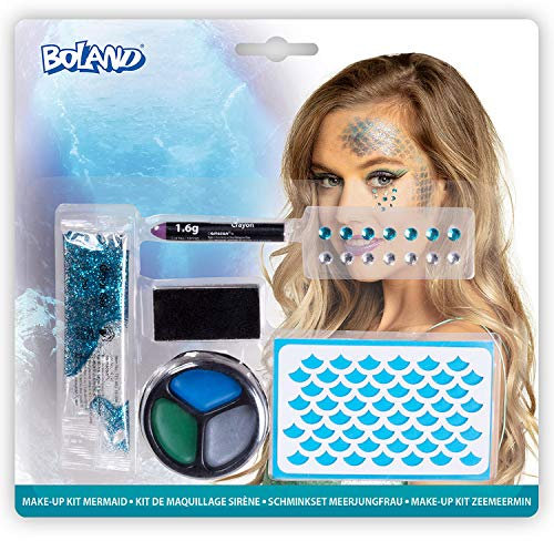 Amakando Schillerndes Mermaid Make-up Set/Blau-Grün Schminkstift 1,6 g, Schminke 3 g, Glitzer 7 ml/Maritimes Kosmetik-Kit für Frauen/Ideal zu Mottoparty & Karneval