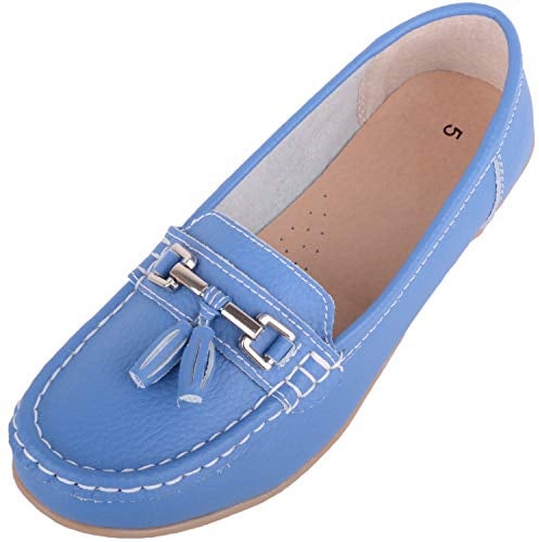 ABSOLUTE FOOTWEAR Womens Slip On Leather Loafer/Deck/Boat Shoes, French Blue, UK 5