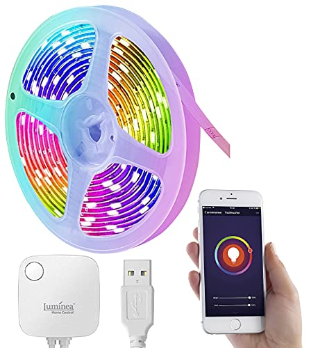 Luminea Home Control LED Lichterband: USB-RGB-LED-Streifen mit WLAN, App, Sound- & Sprachsteuerung, 3 m (Smarthome-LED-Strip, RGB-LED-Strips Alexa, Glaskantenbeleuchtung)