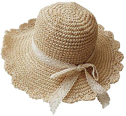 HugeDE Kids Floppy Straw Hat Packable Sun Hat Visor Foldable Summer Beach Hat with Lace Bow for Toddlers Girls Beige