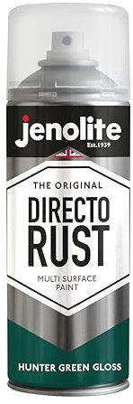 JENOLITE Directorust Glänzende Sprühfarbe | JÄGERGRÜN | 400ml | Spraydosen Sprühfarbe DIY | Mehrere Oberflächen Glanzfarbe: Holz, Metall, Kunststoff, Keramik, verrostete Oberflächen | RAL6028